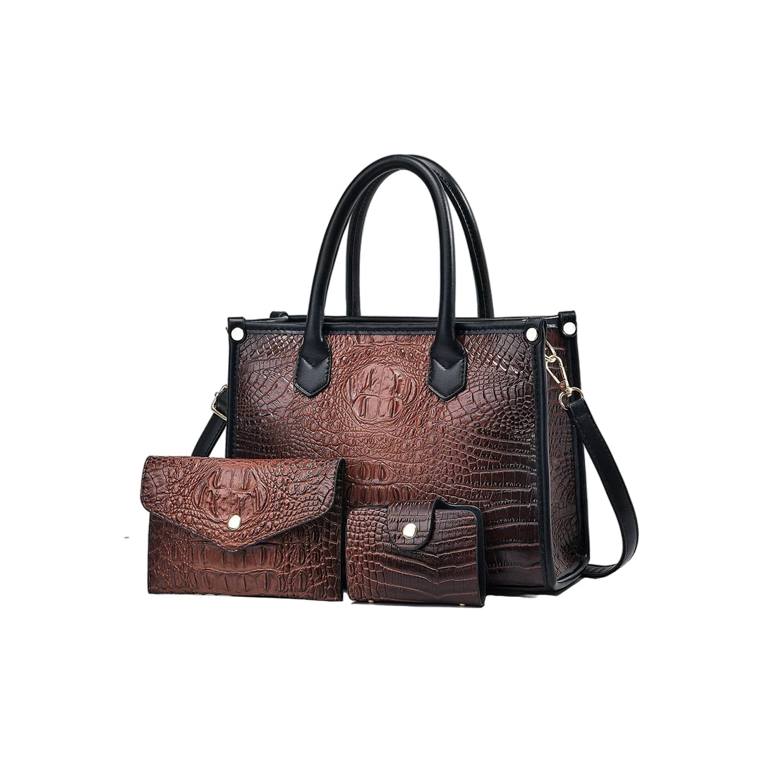 3-Piece Crocodile Pattern Faux Leather Handbag Set – Elegant Tote, Shoulder Bag