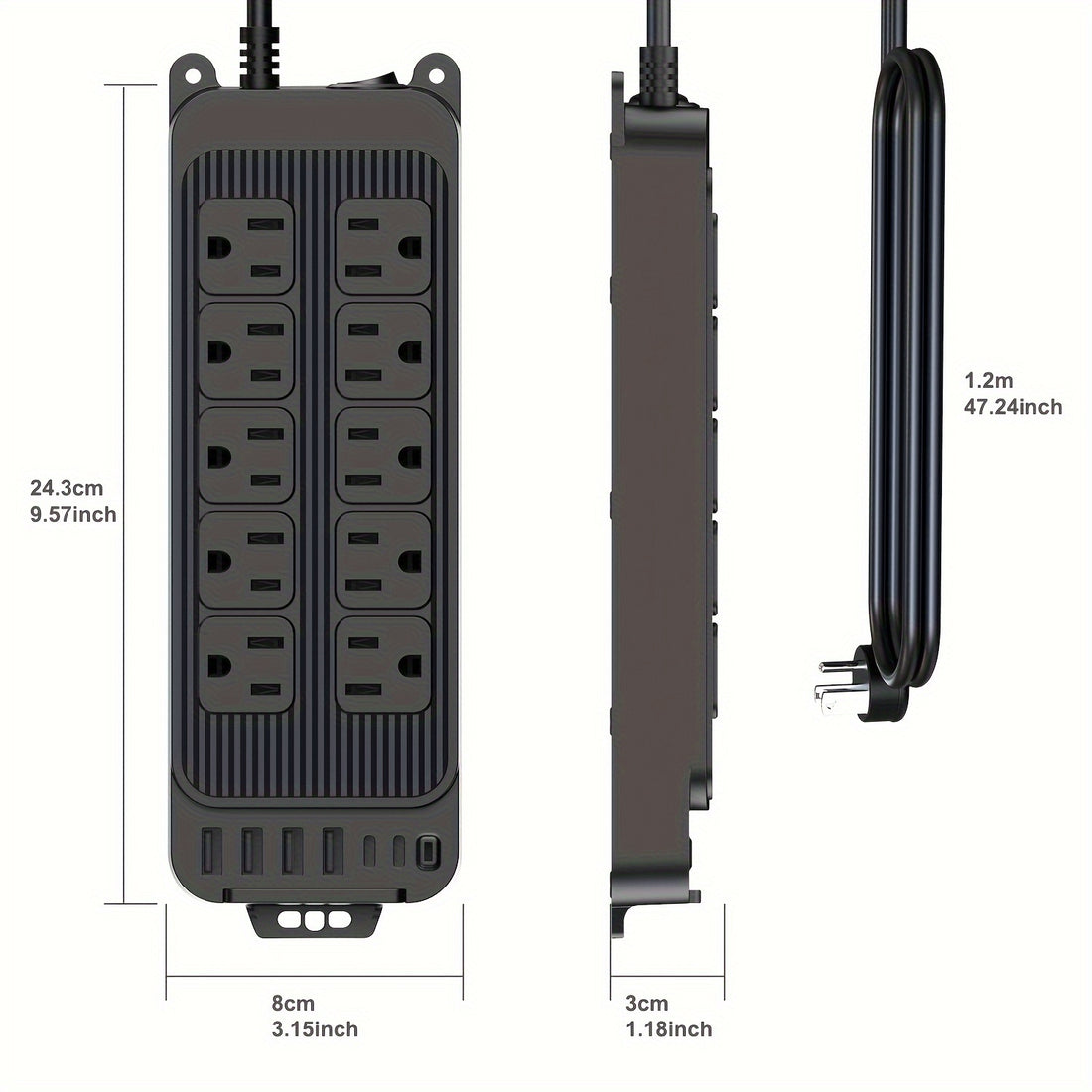 10-Outlet Flat Plug Power Strip with 6 USB Ports (2 USB-C) - Compact Desk Charging Station with Surge Protection for Travel, Home, Office, and Dorm Essentials - 4 Ft Thin Flat Extension Cord for Space-Saving Convenience