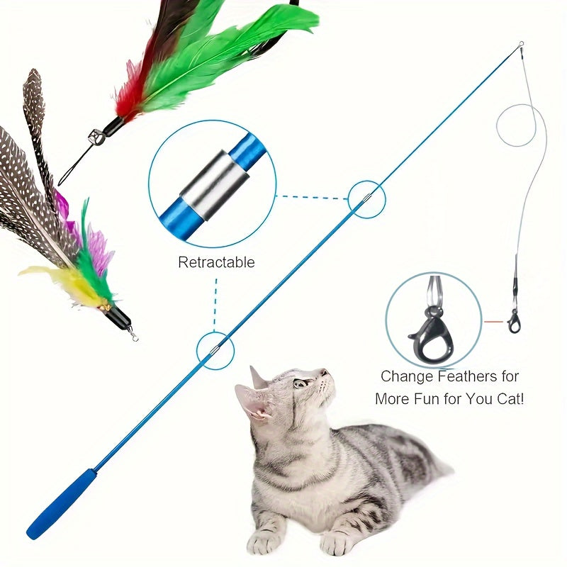 12pcs/set Pet Cat Toys, Colorful Feather Fishing Rod, Caterpillar Bell Replaceable Head Cat-teasing Sticks